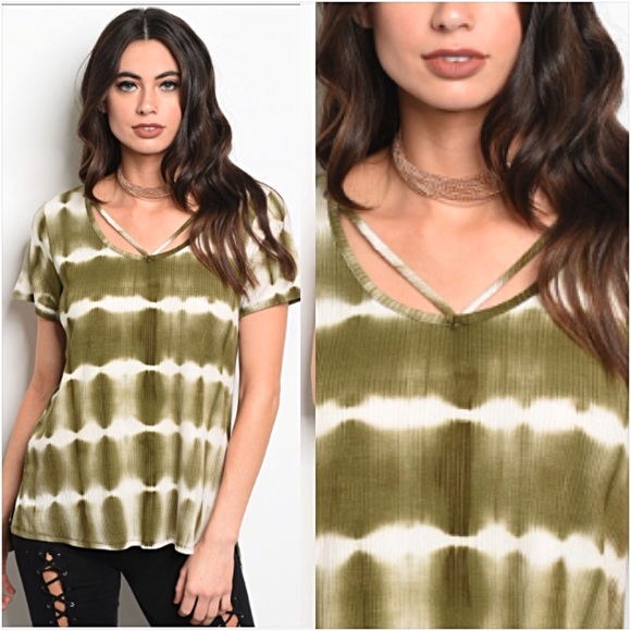 Olive Tie Dye Ribbed Strappy Tee Top SML - Picture 2 of 6